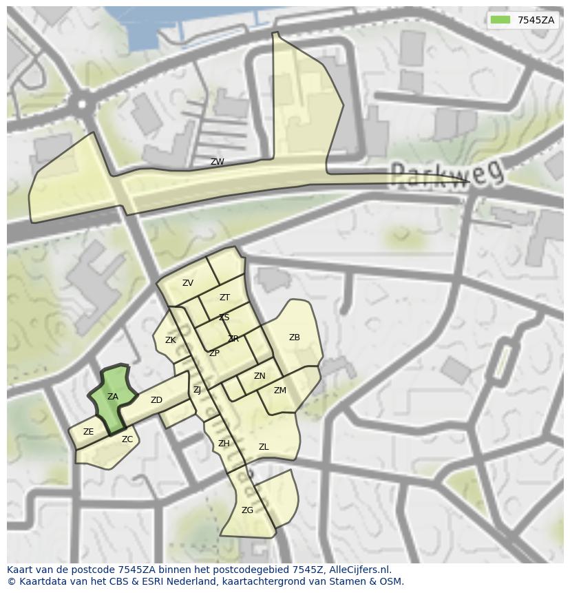 Afbeelding van het postcodegebied 7545 ZA op de kaart.