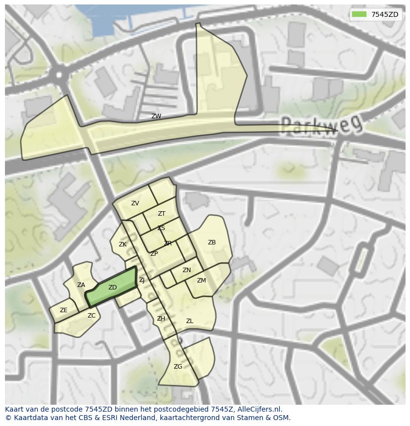Afbeelding van het postcodegebied 7545 ZD op de kaart.