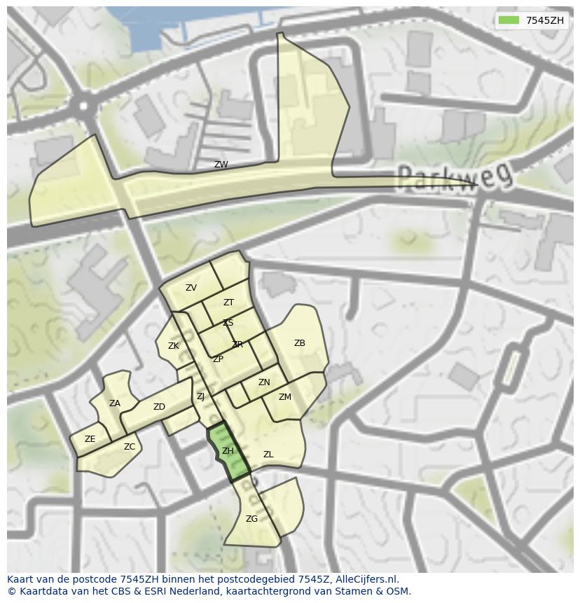 Afbeelding van het postcodegebied 7545 ZH op de kaart.