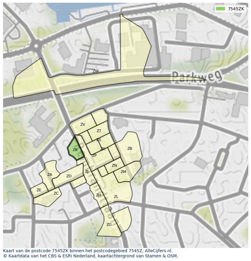 Afbeelding van het postcodegebied 7545 ZK op de kaart.