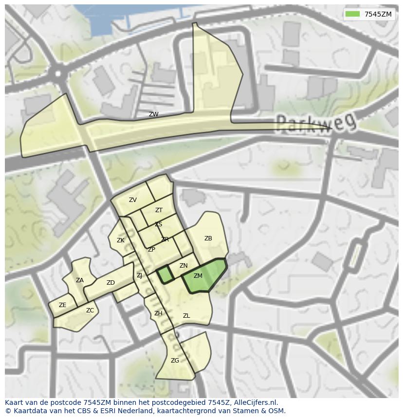 Afbeelding van het postcodegebied 7545 ZM op de kaart.