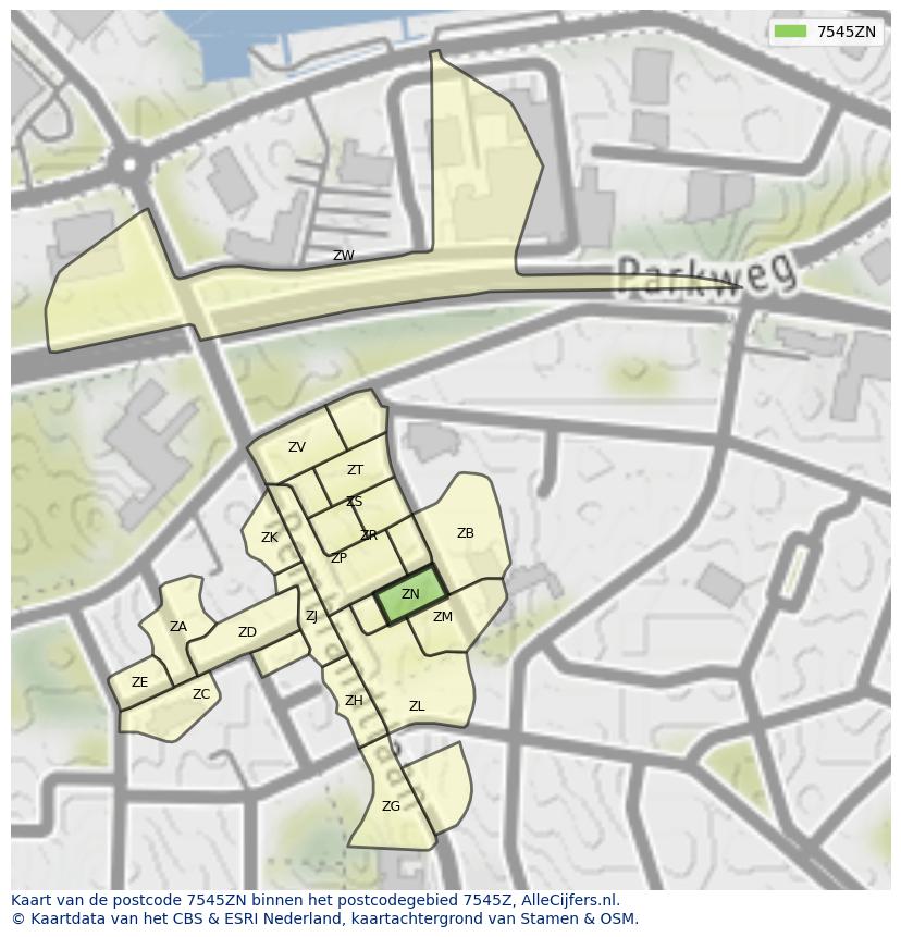 Afbeelding van het postcodegebied 7545 ZN op de kaart.