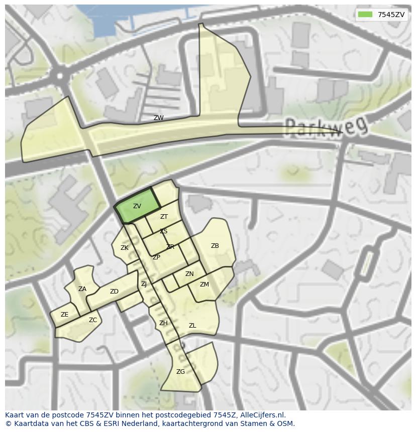 Afbeelding van het postcodegebied 7545 ZV op de kaart.