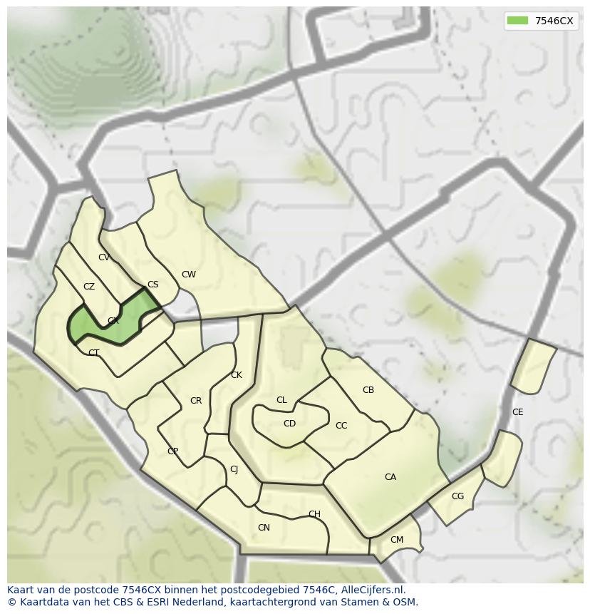 Afbeelding van het postcodegebied 7546 CX op de kaart.