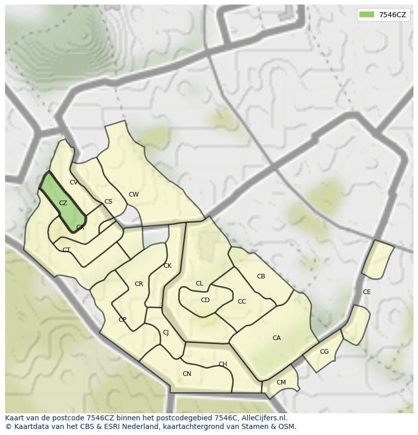 Afbeelding van het postcodegebied 7546 CZ op de kaart.