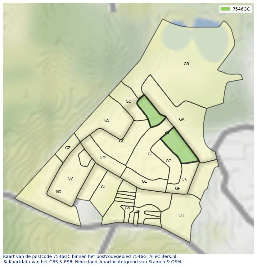 Afbeelding van het postcodegebied 7546 GC op de kaart.