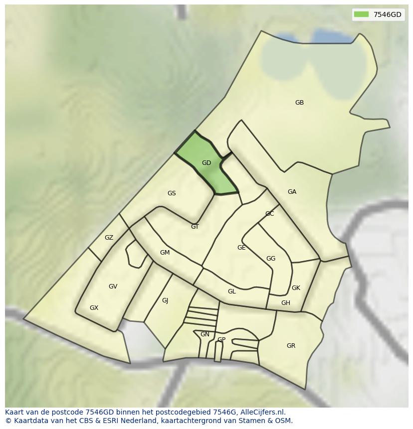 Afbeelding van het postcodegebied 7546 GD op de kaart.
