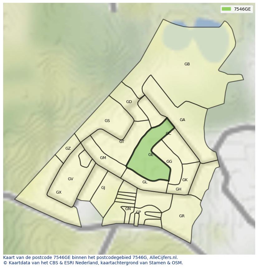 Afbeelding van het postcodegebied 7546 GE op de kaart.