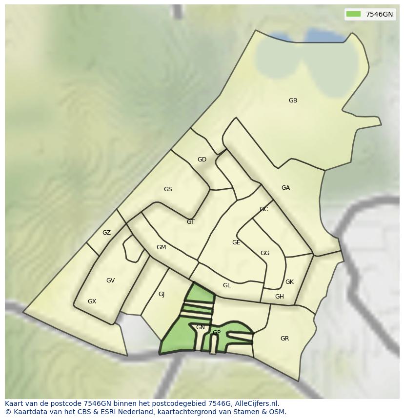 Afbeelding van het postcodegebied 7546 GN op de kaart.