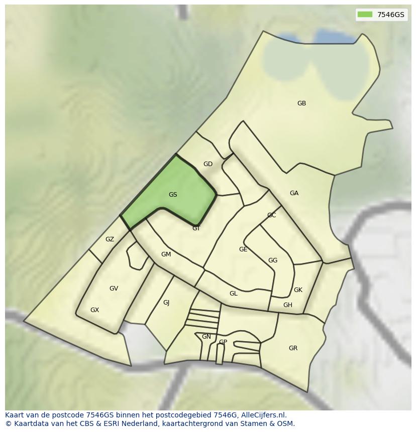 Afbeelding van het postcodegebied 7546 GS op de kaart.