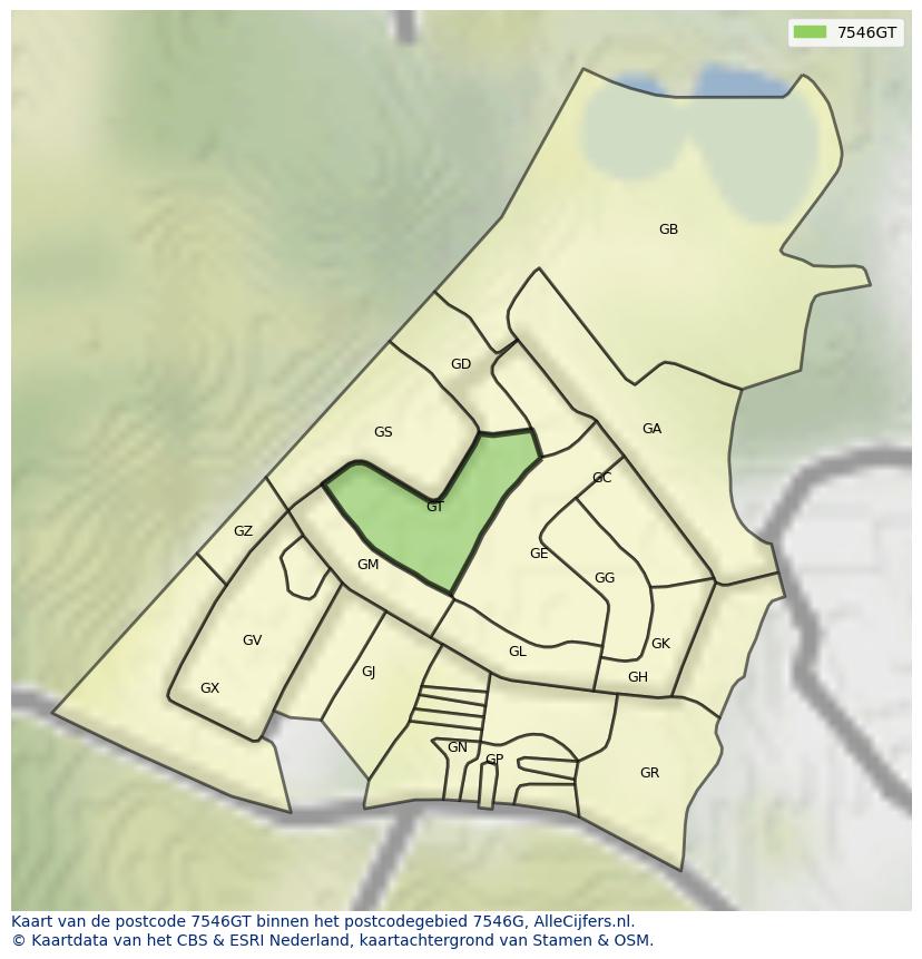 Afbeelding van het postcodegebied 7546 GT op de kaart.