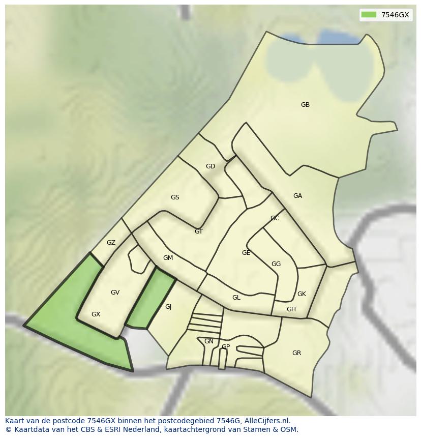 Afbeelding van het postcodegebied 7546 GX op de kaart.