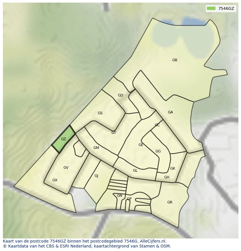 Afbeelding van het postcodegebied 7546 GZ op de kaart.