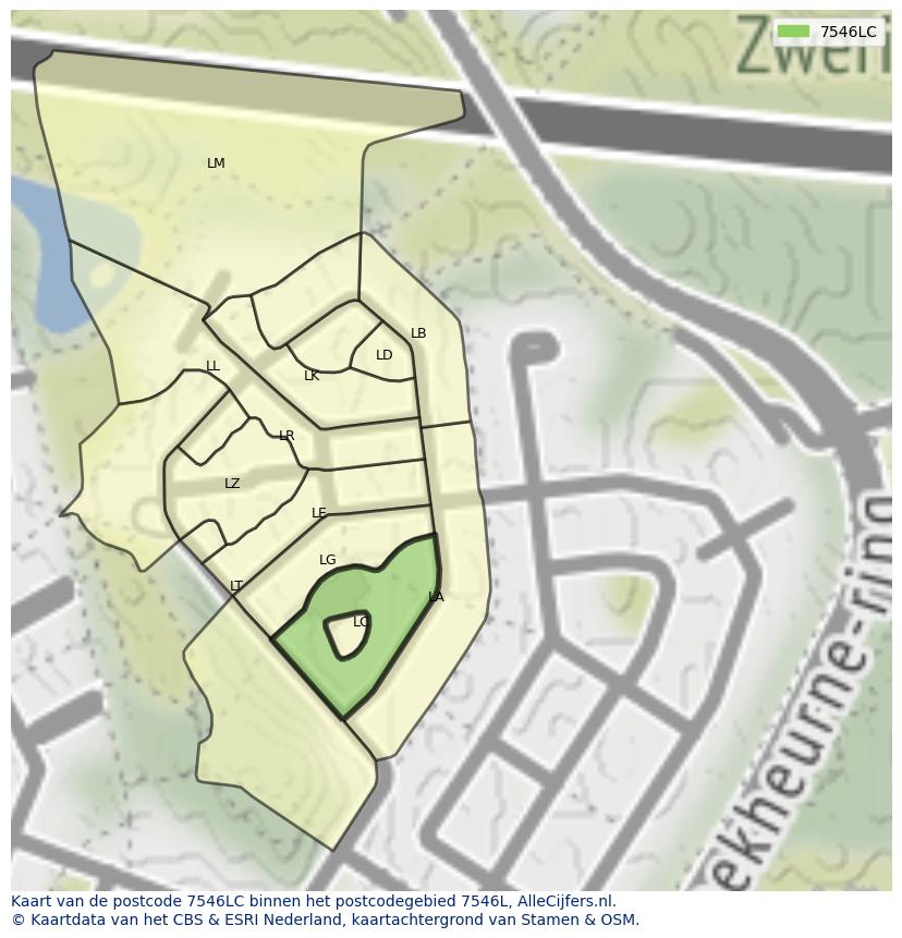 Afbeelding van het postcodegebied 7546 LC op de kaart.