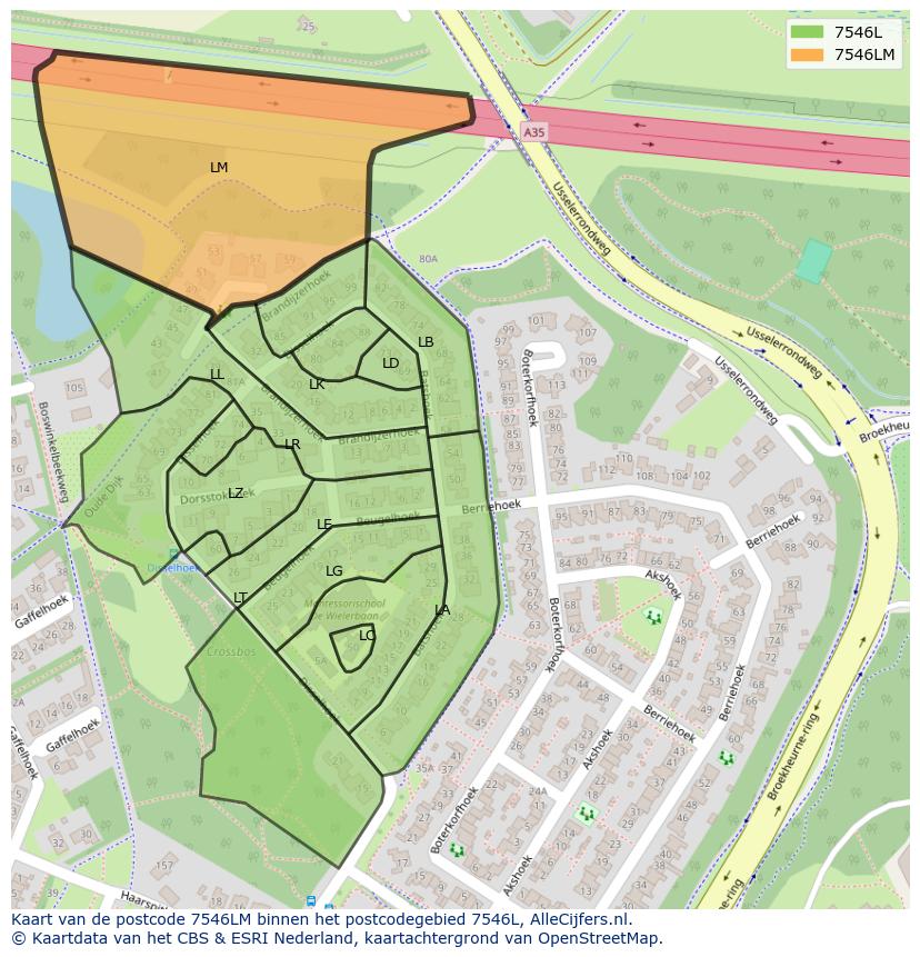 Afbeelding van het postcodegebied 7546 LM op de kaart.