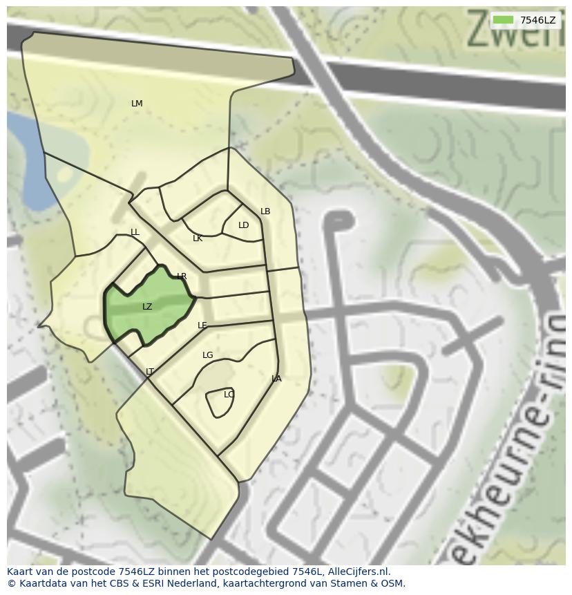 Afbeelding van het postcodegebied 7546 LZ op de kaart.