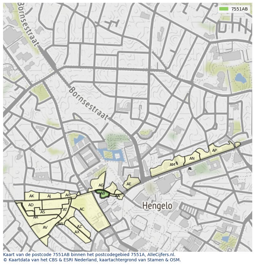 Afbeelding van het postcodegebied 7551 AB op de kaart.