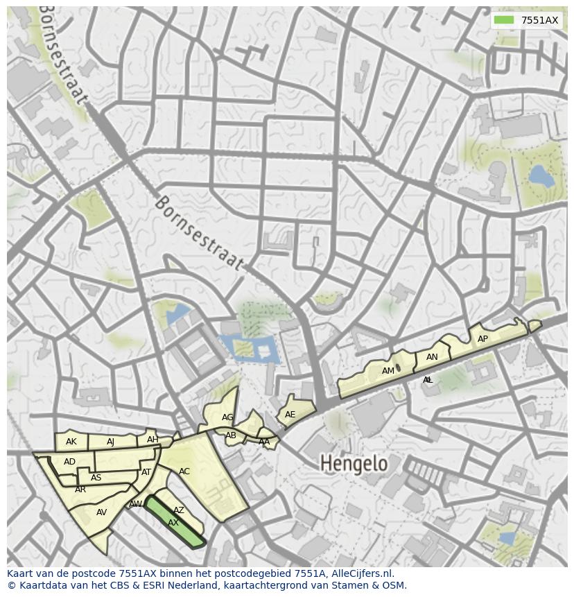 Afbeelding van het postcodegebied 7551 AX op de kaart.