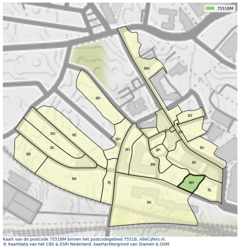 Afbeelding van het postcodegebied 7551 BM op de kaart.