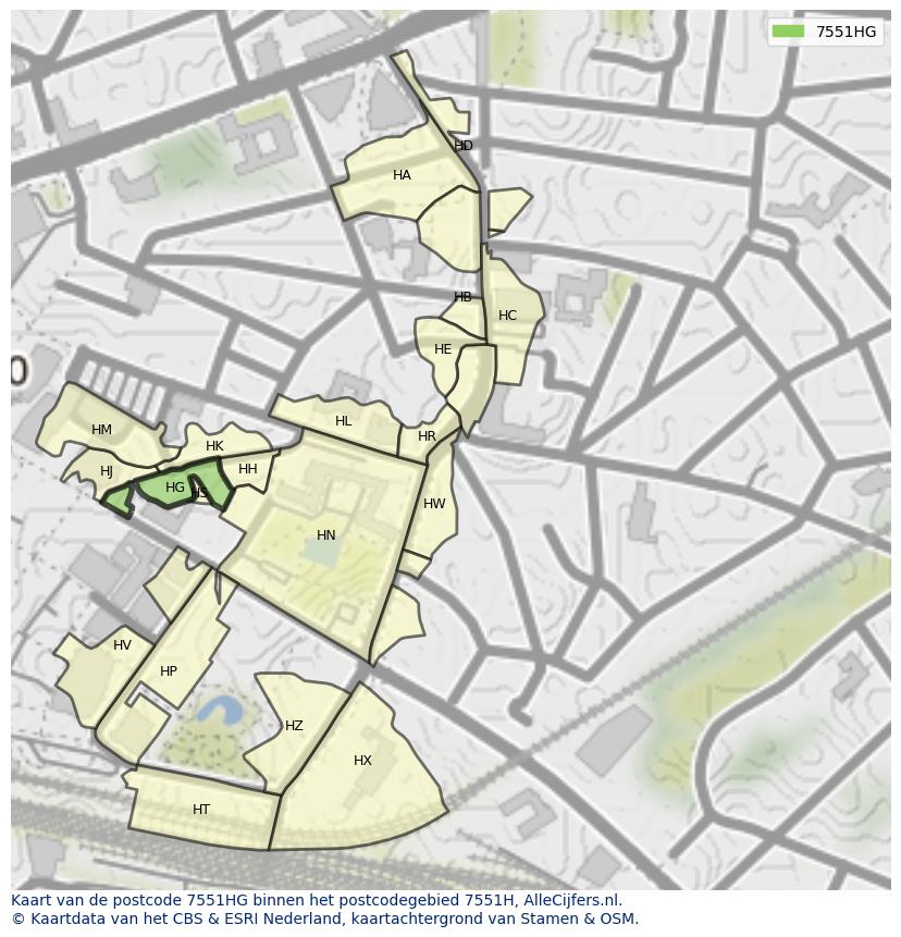 Afbeelding van het postcodegebied 7551 HG op de kaart.