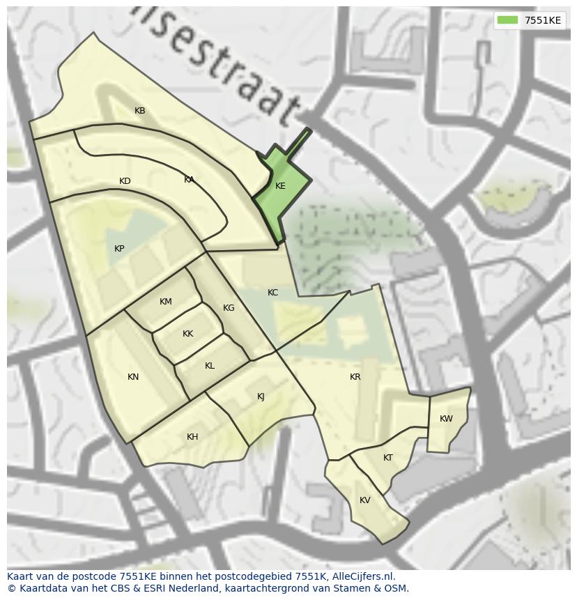 Afbeelding van het postcodegebied 7551 KE op de kaart.