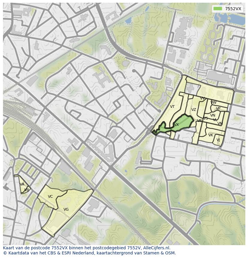 Afbeelding van het postcodegebied 7552 VX op de kaart.