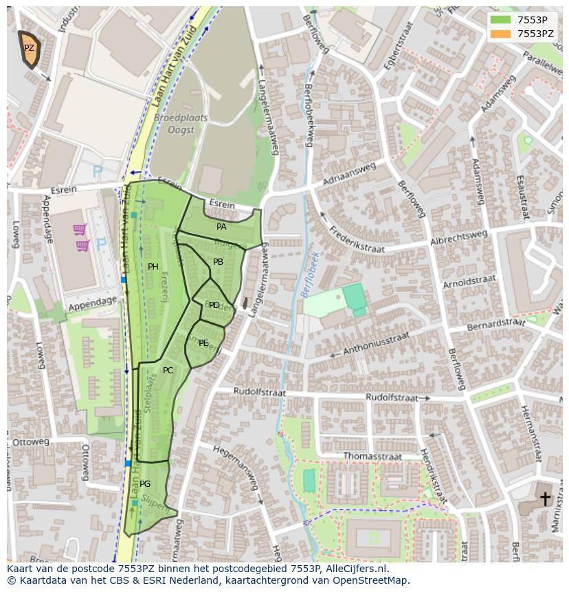Afbeelding van het postcodegebied 7553 PZ op de kaart.