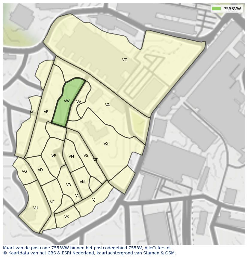 Afbeelding van het postcodegebied 7553 VW op de kaart.