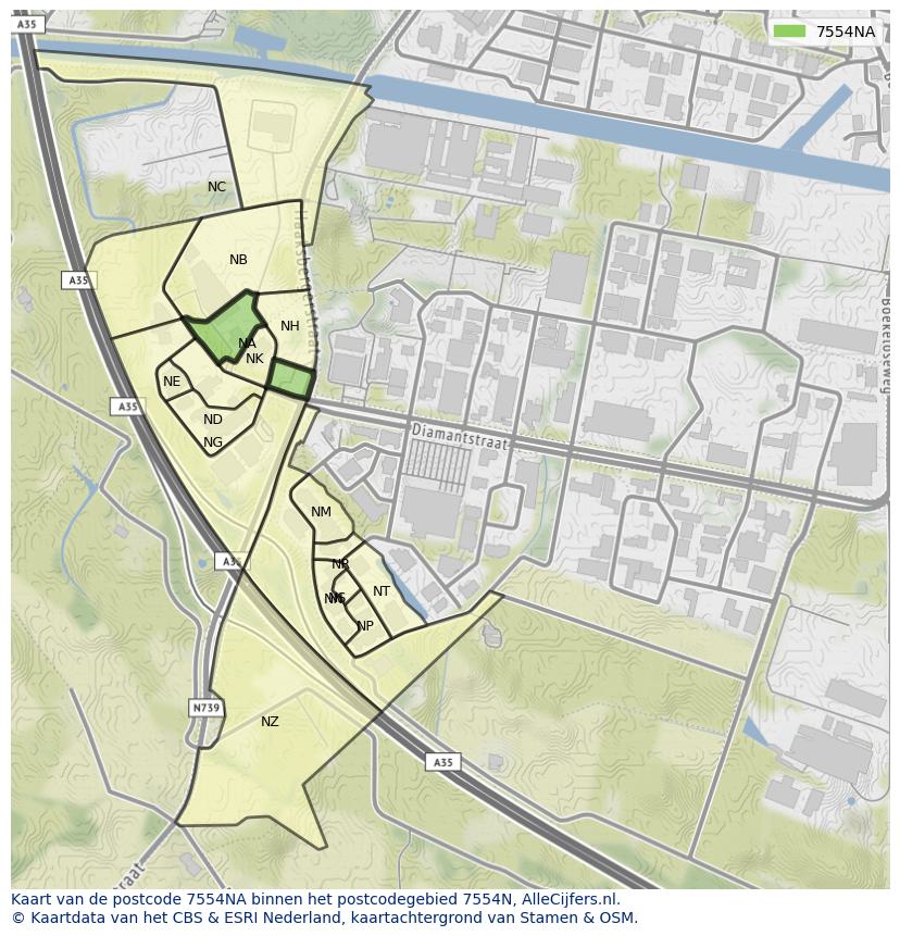 Afbeelding van het postcodegebied 7554 NA op de kaart.