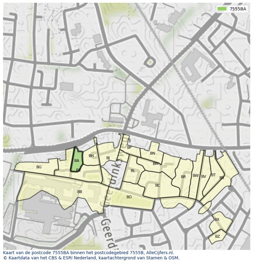Afbeelding van het postcodegebied 7555 BA op de kaart.