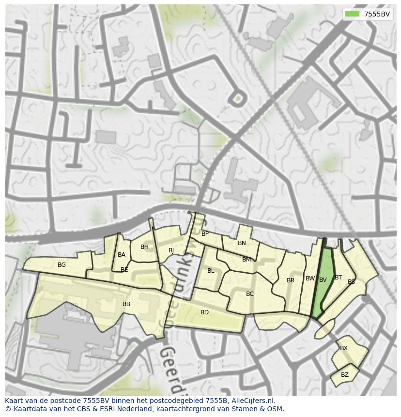 Afbeelding van het postcodegebied 7555 BV op de kaart.