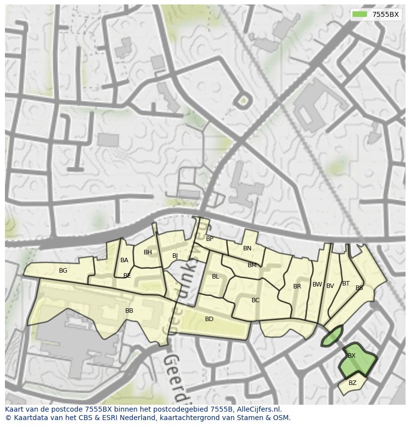 Afbeelding van het postcodegebied 7555 BX op de kaart.