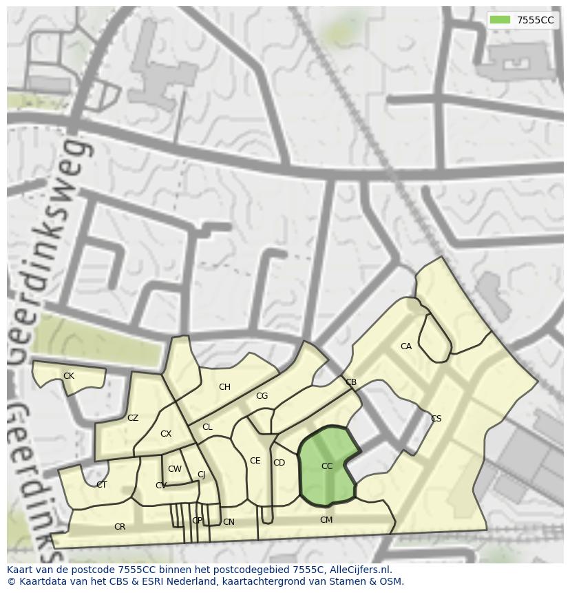 Afbeelding van het postcodegebied 7555 CC op de kaart.