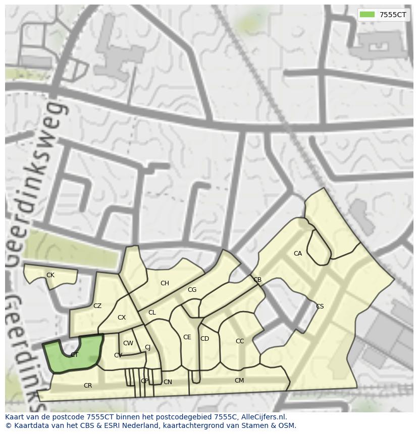 Afbeelding van het postcodegebied 7555 CT op de kaart.