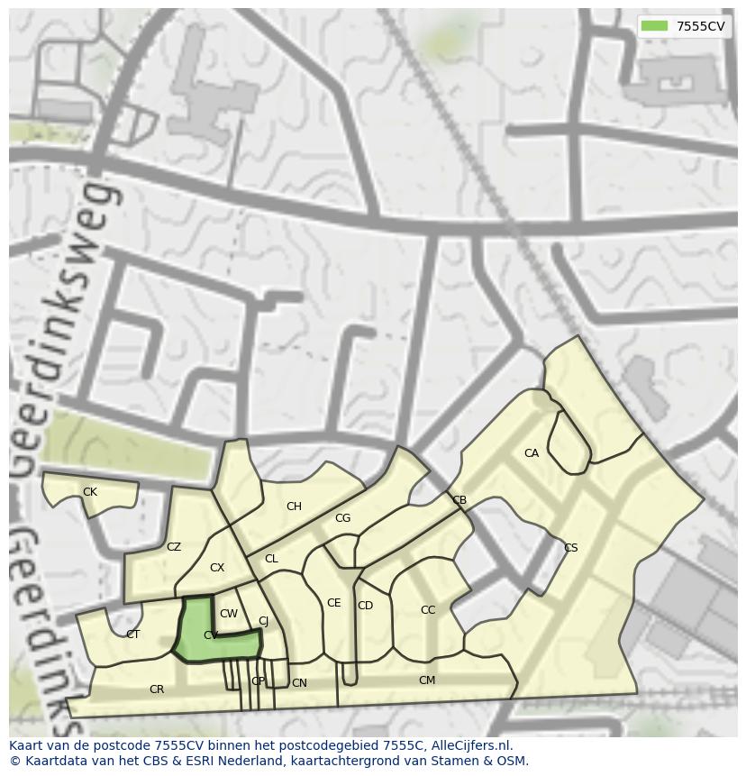 Afbeelding van het postcodegebied 7555 CV op de kaart.