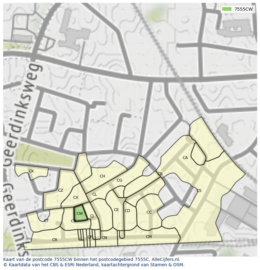 Afbeelding van het postcodegebied 7555 CW op de kaart.
