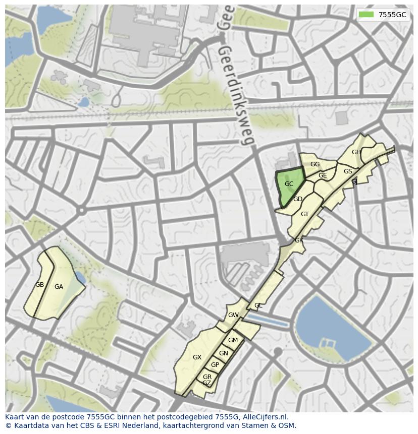 Afbeelding van het postcodegebied 7555 GC op de kaart.