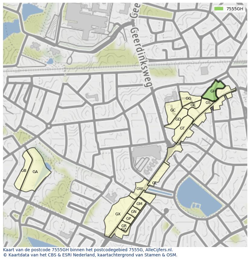 Afbeelding van het postcodegebied 7555 GH op de kaart.