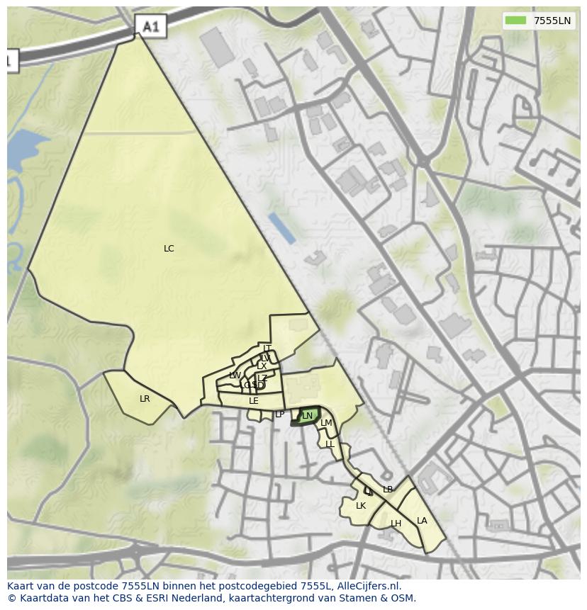 Afbeelding van het postcodegebied 7555 LN op de kaart.
