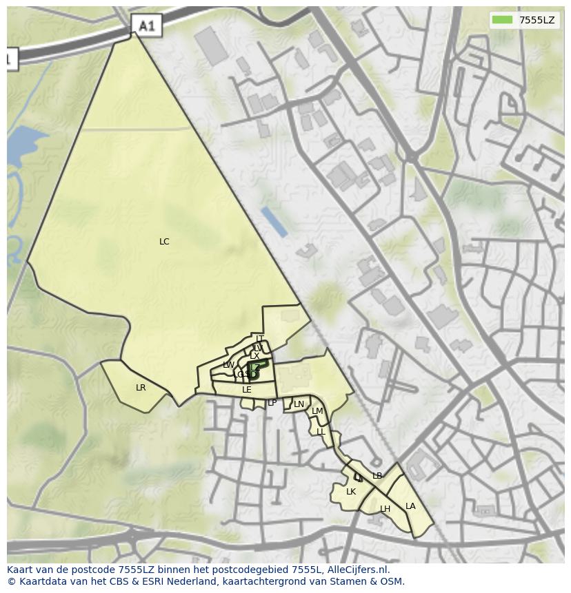 Afbeelding van het postcodegebied 7555 LZ op de kaart.
