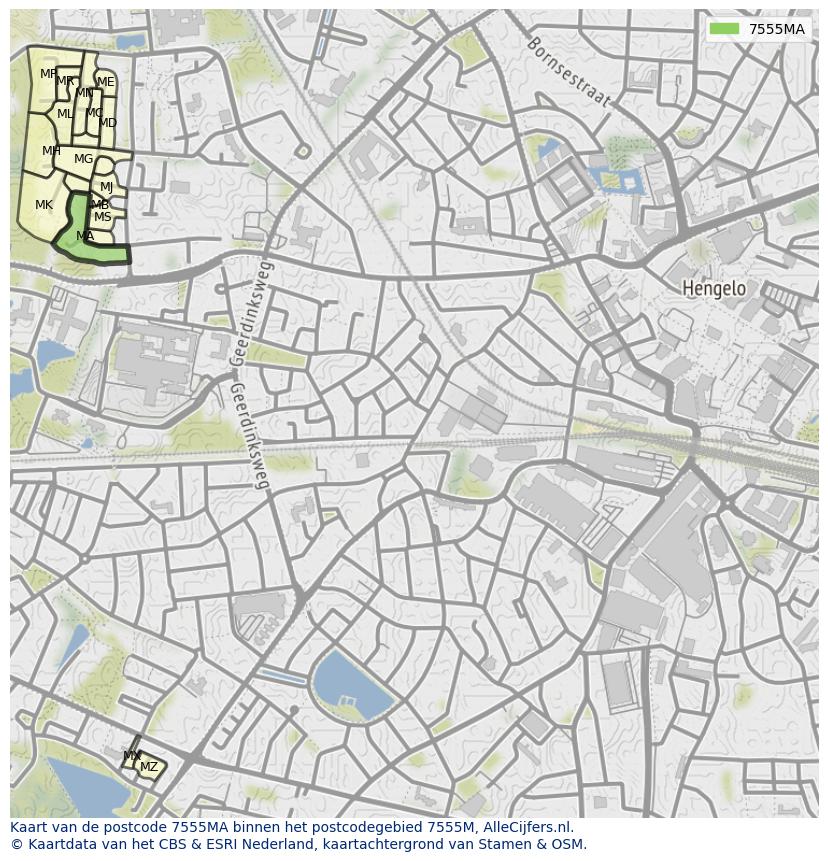 Afbeelding van het postcodegebied 7555 MA op de kaart.