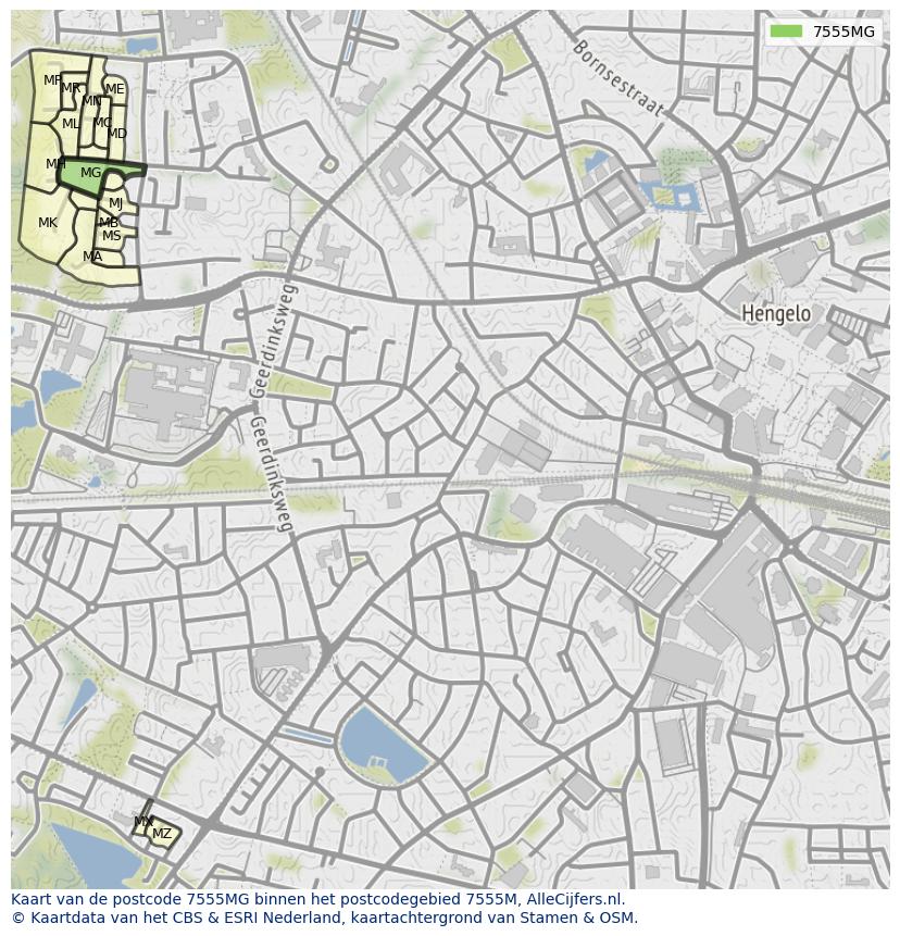 Afbeelding van het postcodegebied 7555 MG op de kaart.