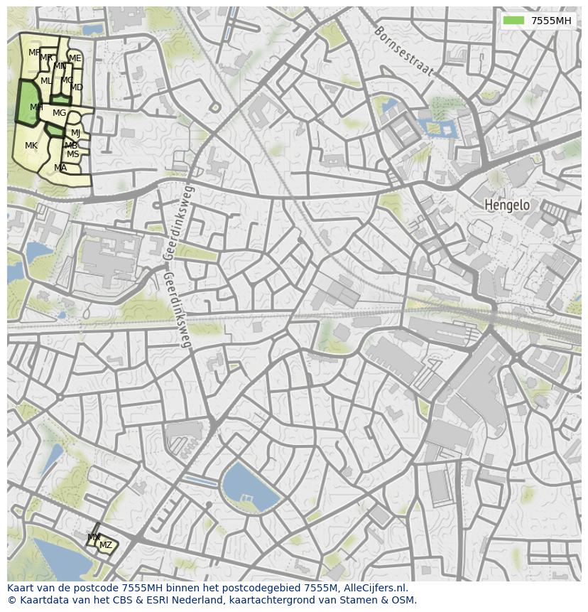 Afbeelding van het postcodegebied 7555 MH op de kaart.