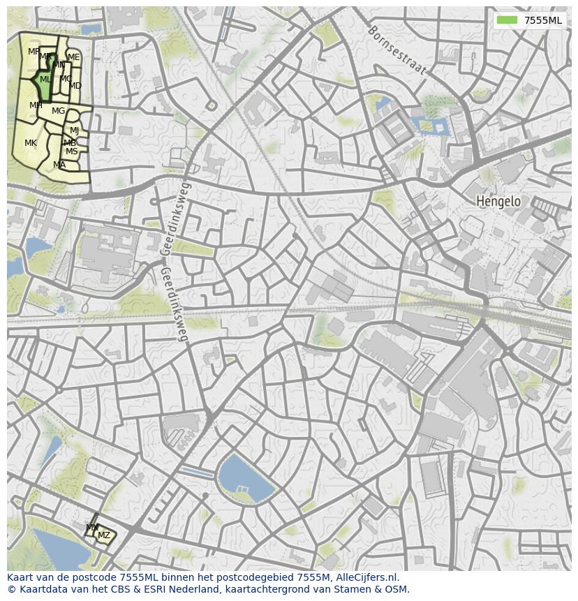 Afbeelding van het postcodegebied 7555 ML op de kaart.