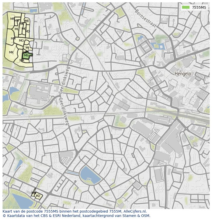 Afbeelding van het postcodegebied 7555 MS op de kaart.