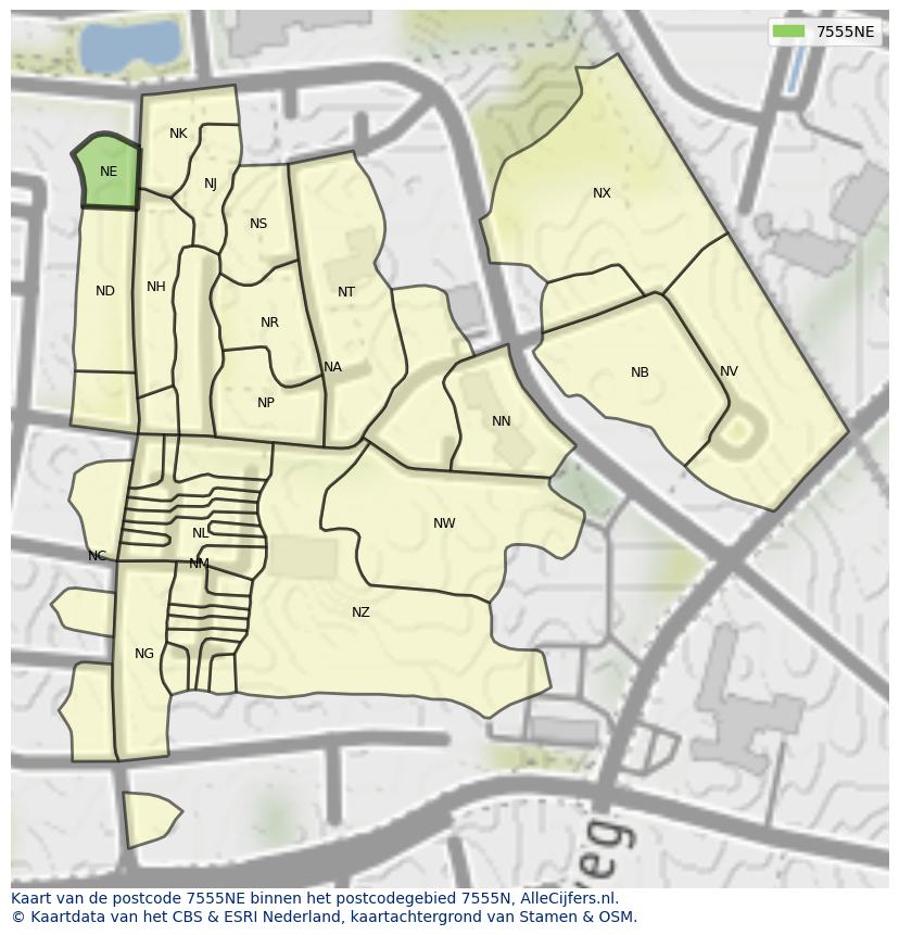 Afbeelding van het postcodegebied 7555 NE op de kaart.