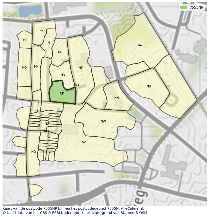 Afbeelding van het postcodegebied 7555 NP op de kaart.