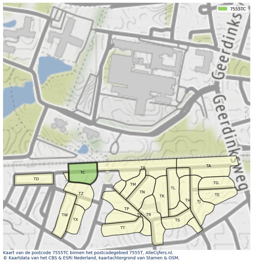 Afbeelding van het postcodegebied 7555 TC op de kaart.