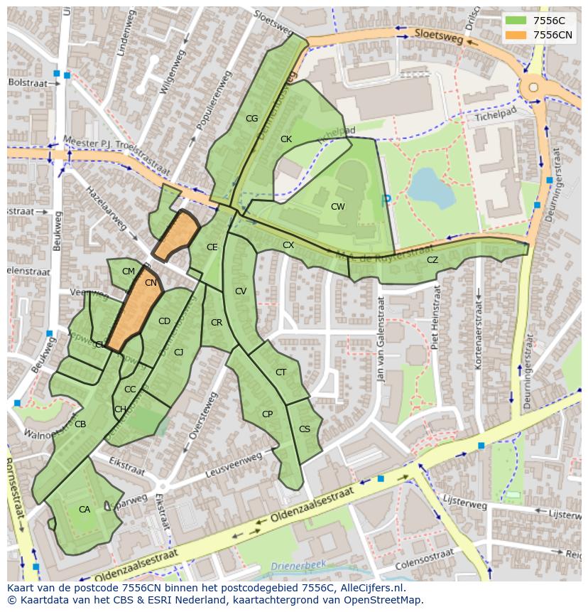 Afbeelding van het postcodegebied 7556 CN op de kaart.