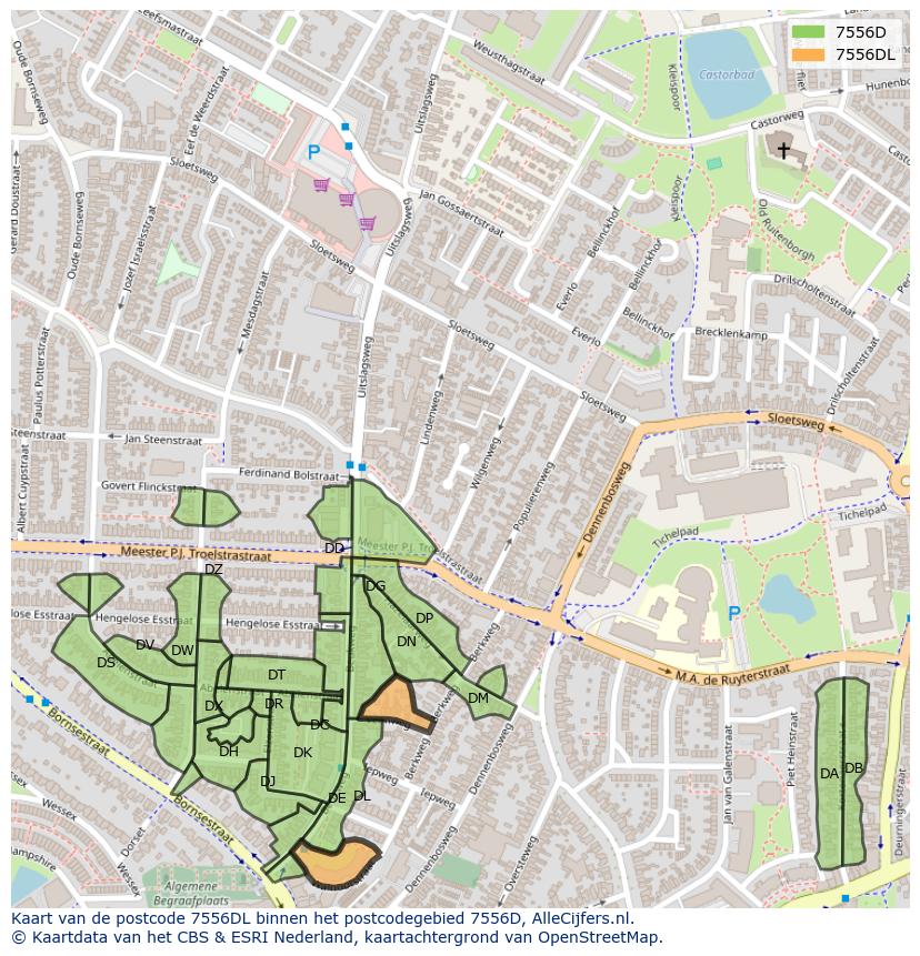 Afbeelding van het postcodegebied 7556 DL op de kaart.